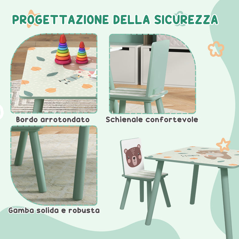 Set Tavolo con 2 Sedie per Bambini in Legno di Pino e MDF Verde-5