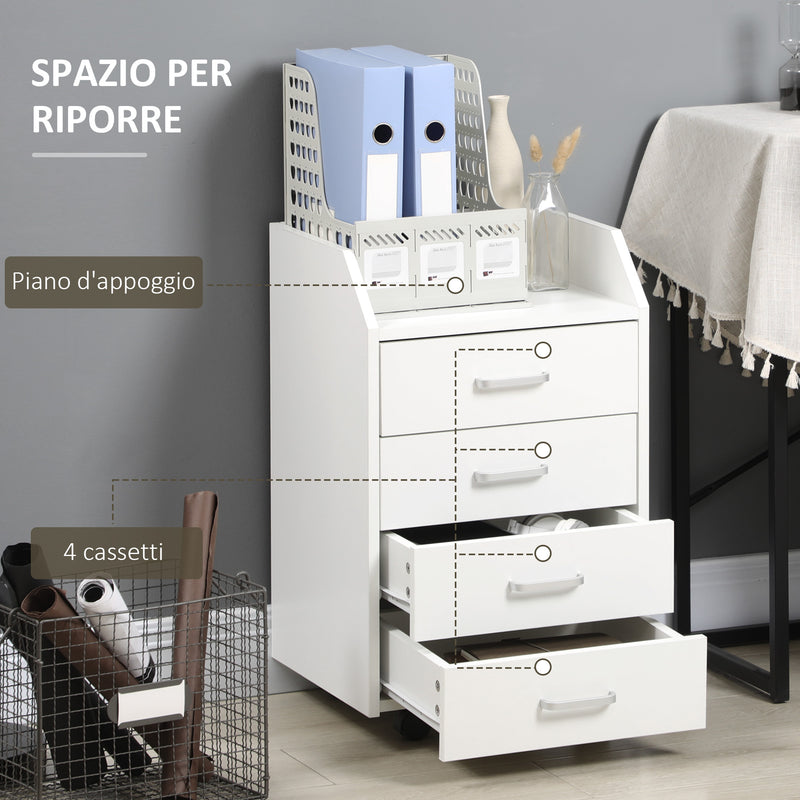 Cassettiera da Ufficio con 4 Cassetti Ruote e Bordi Rialzati 40x36x65 cm in Legno Bianco-4