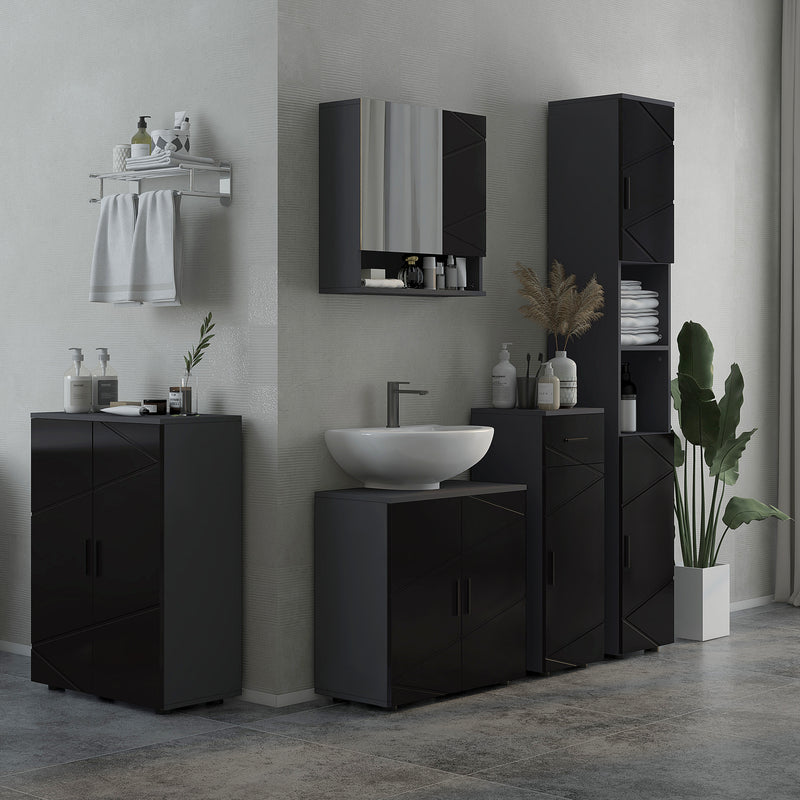 Mobile a Colonna per Bagno 30x30x183 cm in Truciolato Nero e Grigio-2