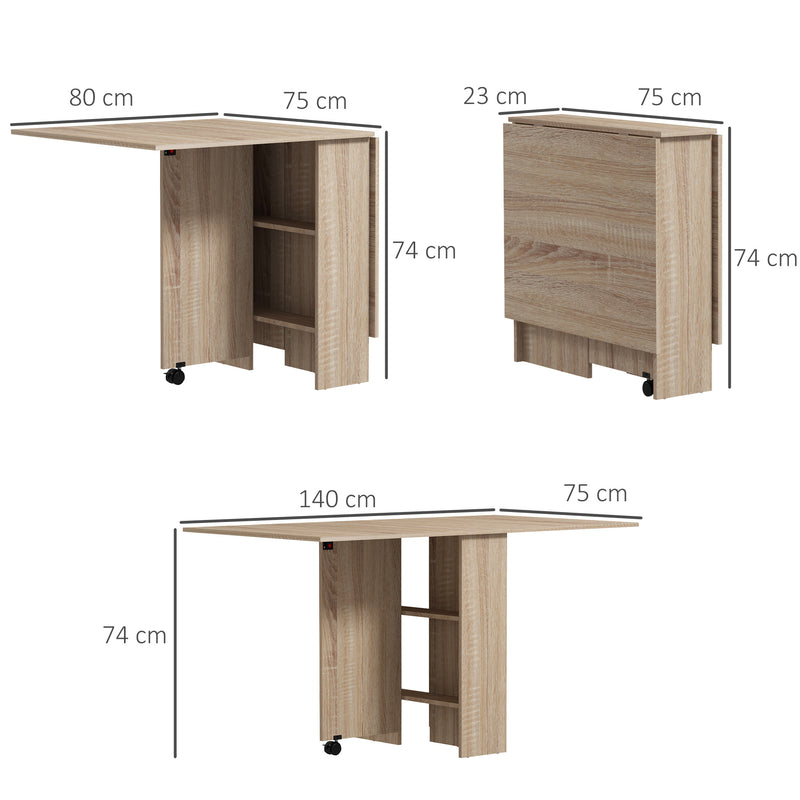 Tavolo Pieghevole con 2 Ribalte per 6 Persone con Ripiani e Rotelle Integrate  Legno Naturale-3