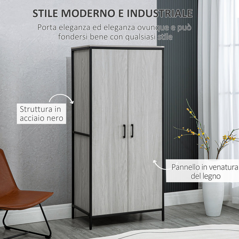 Armadio Guardaroba 2 Ante 80x50x179 cm in Legno MDF e Acciaio Grigio-4