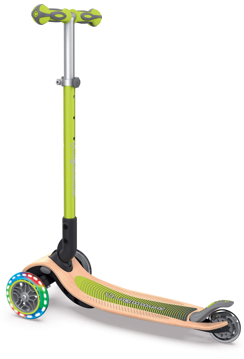 Monopattino 3 Ruote a LED Pieghevole 3 Altezze Max 50 Kg Globber Primo Foldable Wood Verde Lime-3