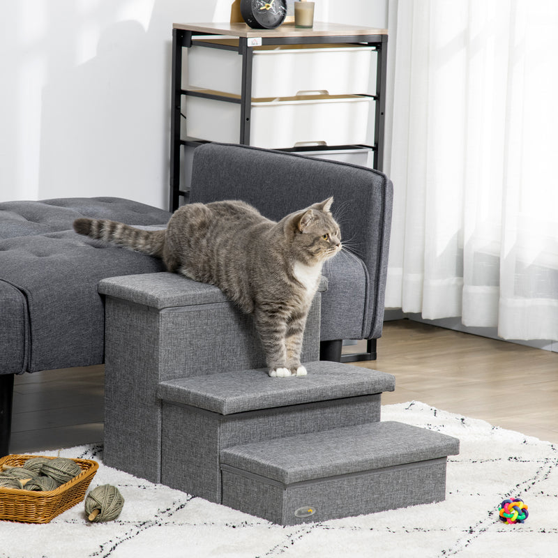 Scaletta per Cani 3 Gradini 63,5x42,5x40,5 cm in Tessuto Effetto Lino e MDF Grigio-2