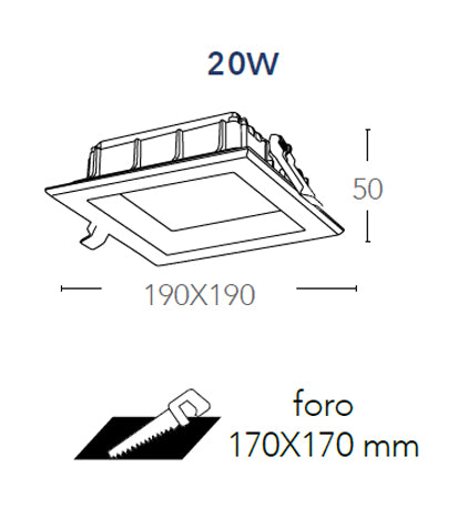 Incasso Soffitto Ribassato Faretto Quadrato Alluminio Bianco Satinato Led 20 watt Luce Calda Intec INC-MARK-20C-3