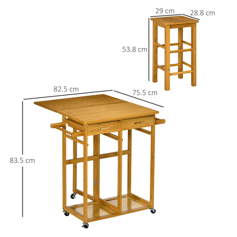 Carrello da Cucina 82,5x75,5x83,5 cm con Tavolino Pieghevole e 2 Sgabelli in Legno di Bambù Marrone-3