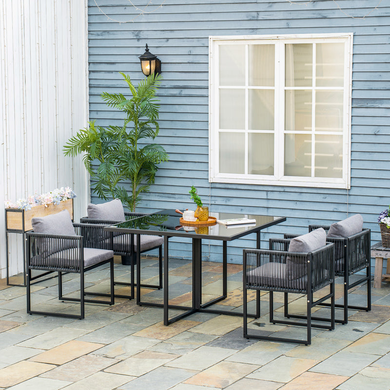 Set Tavolo e 4 Sedie da Giardino con Cuscini in Rattan PE Nero e Grigio-2