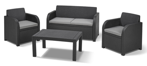 sconto Gartengarnitur, Sofa, 2 Sessel und Couchtisch aus Keter Carolina Lounge Anthrazitharz