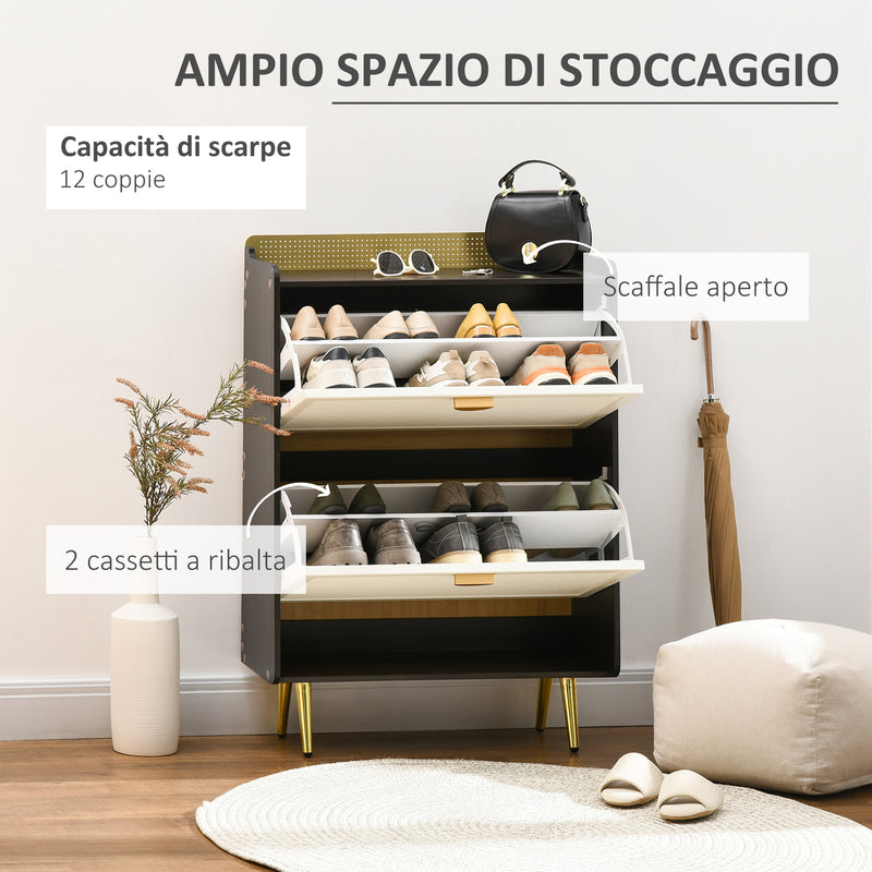 Scarpiera 12 Paia di Scarpe 70x23x101 cm 2 Cassetti e Mensola Bianco Noce e Oro-4