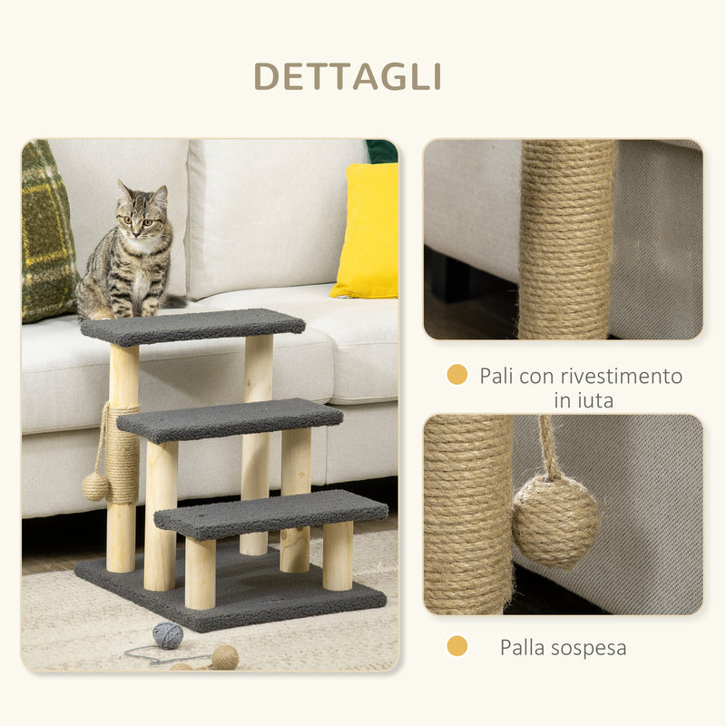 Tiragraffi Scaletta per Gatti a 3 Livelli 45x40x48 cm con Pallina Pali in Juta Grigio-5