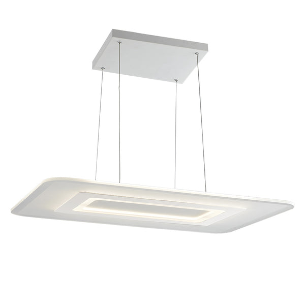 acquista Rechteckiger hängender Kronleuchter, weißes Metall, Acryl, LED, 65 Watt, natürliches Umgebungslicht, LED-TRESOR-S8557