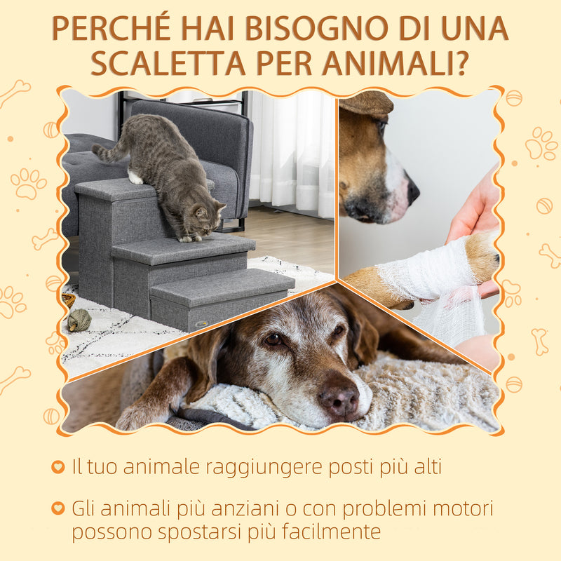 Scaletta per Cani 3 Gradini 63,5x42,5x40,5 cm in Tessuto Effetto Lino e MDF Grigio-4