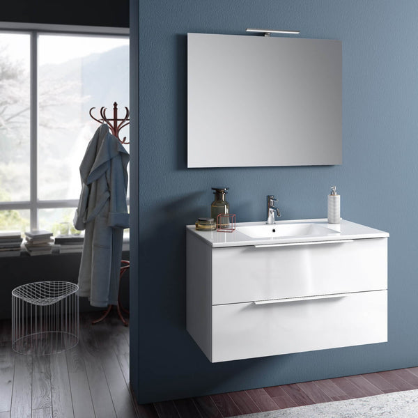 sconto Badezimmer-Hängeschrank mit Spiegelwaschbecken und glänzend weißer Luna TFT-LED-Lampe