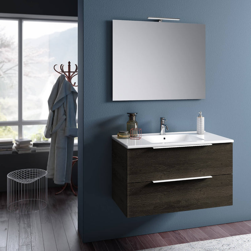 Mobile da Bagno Sospeso con Lavabo Specchio e Lampada a LED TFT Luna Rovere Wengè-1