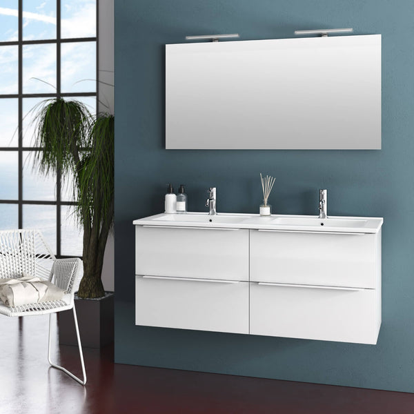 Badezimmer-Hängeschrank mit Doppelwaschbecken und Doppel-TFT-Luna-LED-Lampe in glänzendem Weiß sconto