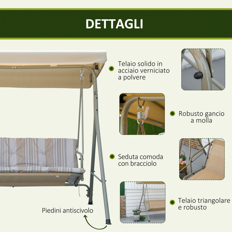 Dondolo 3 Posti da Giardino 172x110x156 cm in Acciaio Marrone e Beige-6