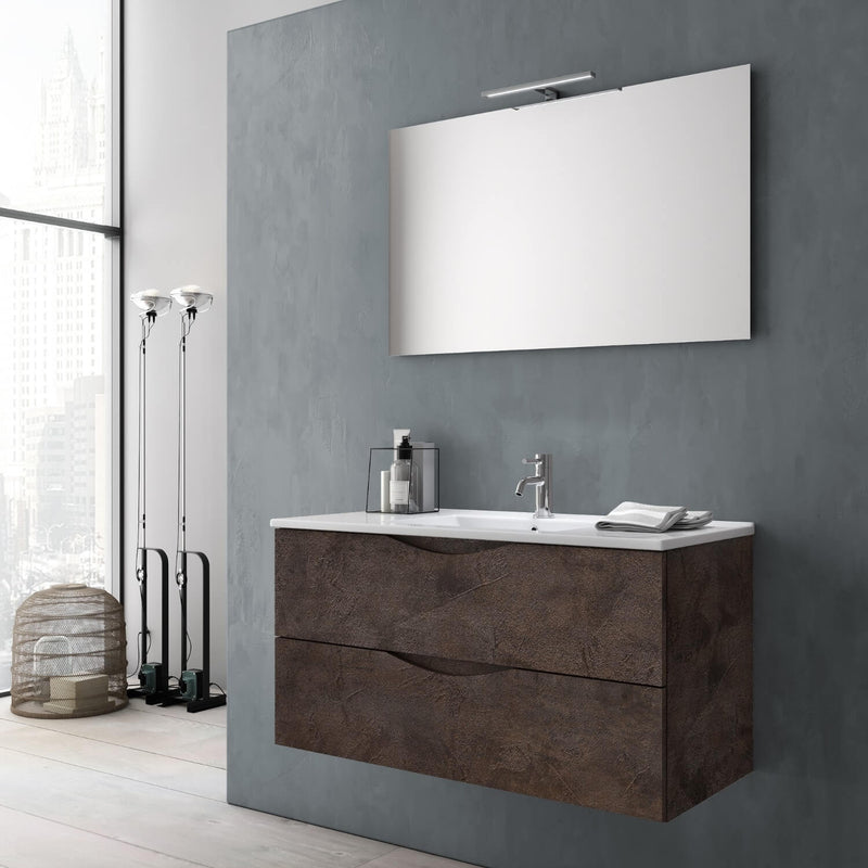 Mobile da Bagno Sospeso con Lavabo Specchio e Lampada a LED TFT Marte Marrone Effetto Pietra-1