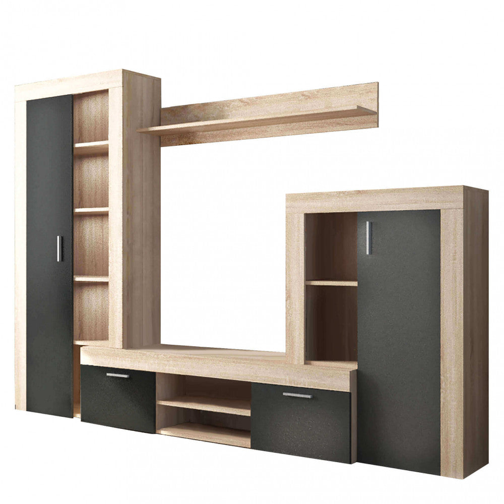 Libreria stretta Avon a stratti in legno ingegnerizzato e massiccio,  dimensioni 65 x 35 x h191 cm, peso 40 Kg, finitura rovere, blu, grigio, Woodman