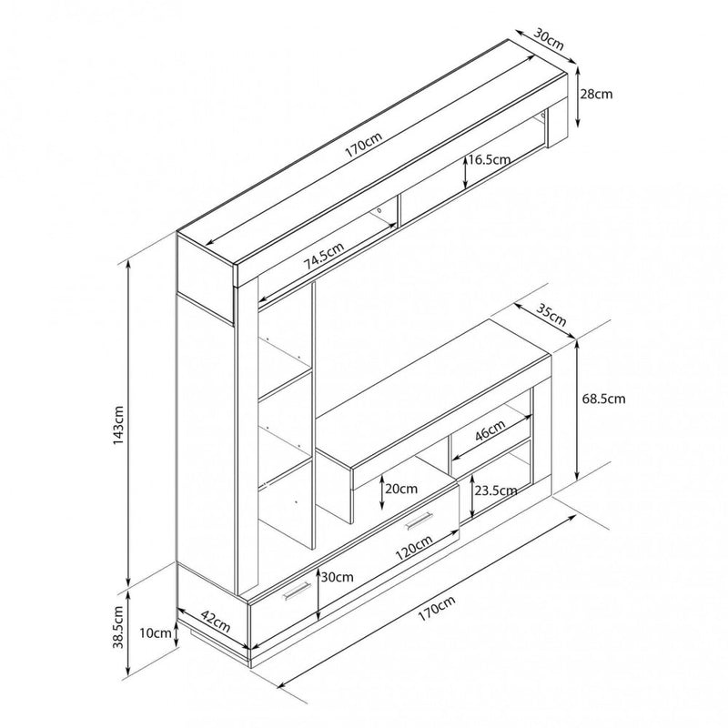 Parete Attrezzata Soggiorno Leonard 170x42x170 h cm in Truciolare bilaminato Nero-6