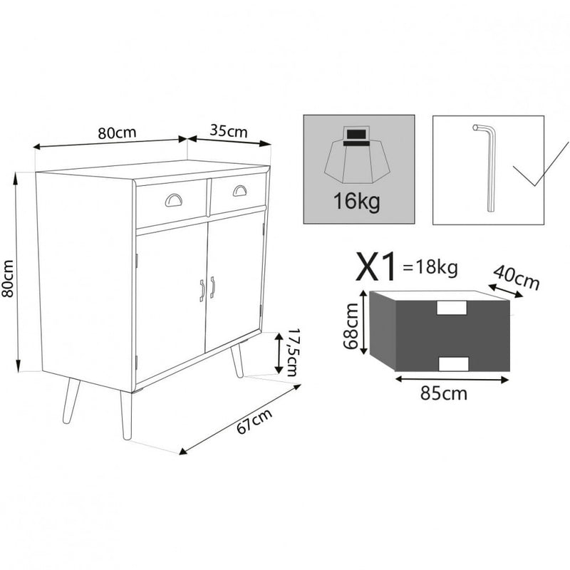 Mobiletto Surrey 80x35x83 h cm in Legno Multicolor-5