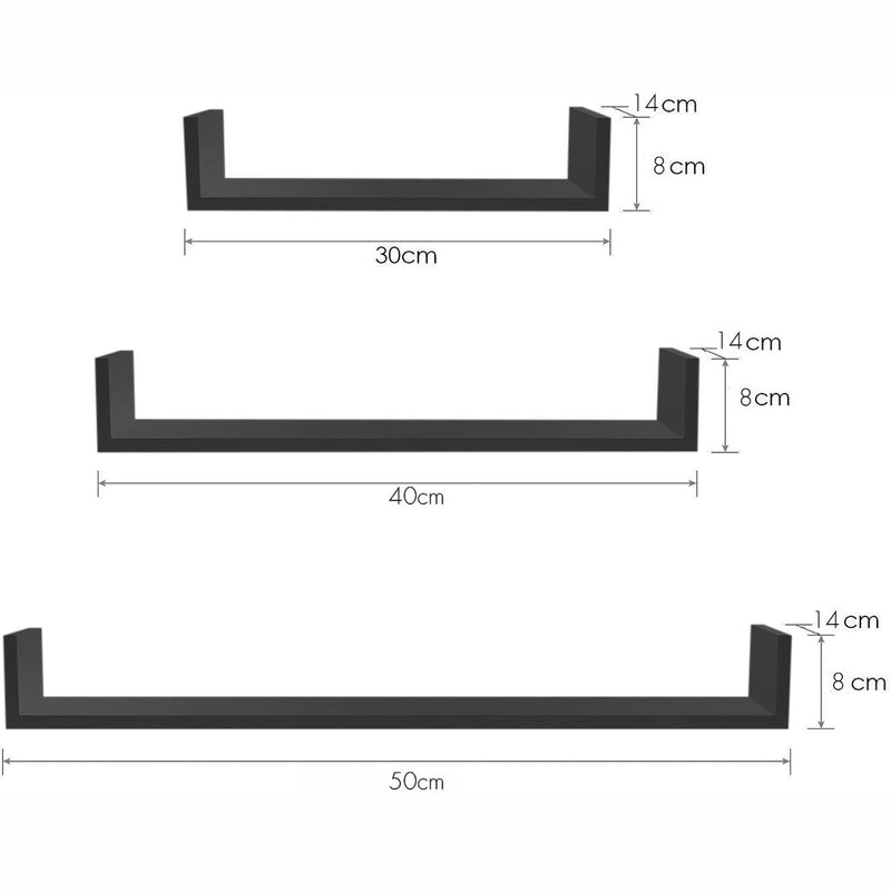 Set 3 mensole a forma di u 30-40-50 cm Portaoggetti da parete Neri-1