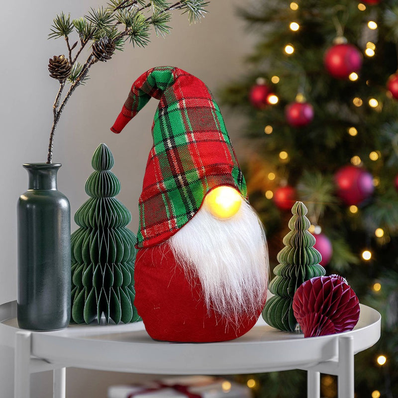 Gnomo di Natale H45 cm con Luce Rosso con Cappello Scozzese-3