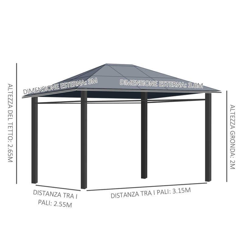 Gazebo da Giardino 3,6x3m Tetto in Policarbonato Grigio-3