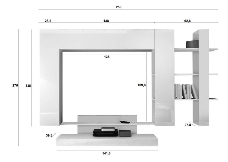 Parete Attrezzata Mobili Soggiorno 2 Pensili 1 Mobile TV 1 Libreria in Melaminico 259x40x175cm TFT Nico Bianco-3