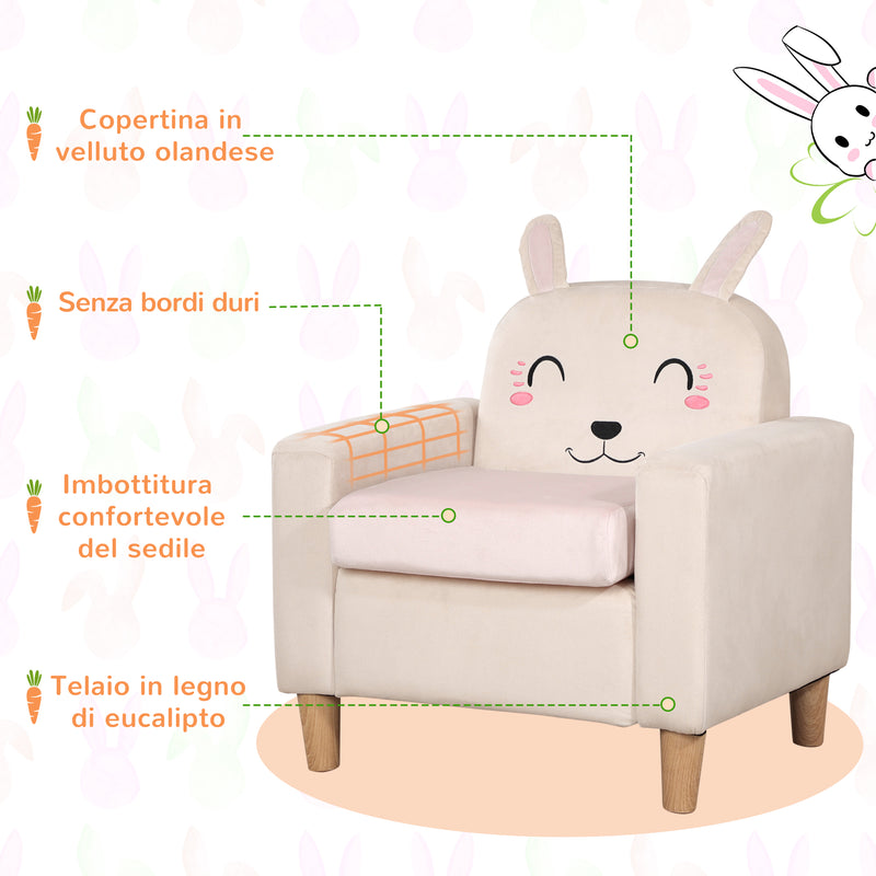 Poltroncina per Bambini con Design a Coniglio 53x47x54,5 cm Gambe in Legno Crema-4