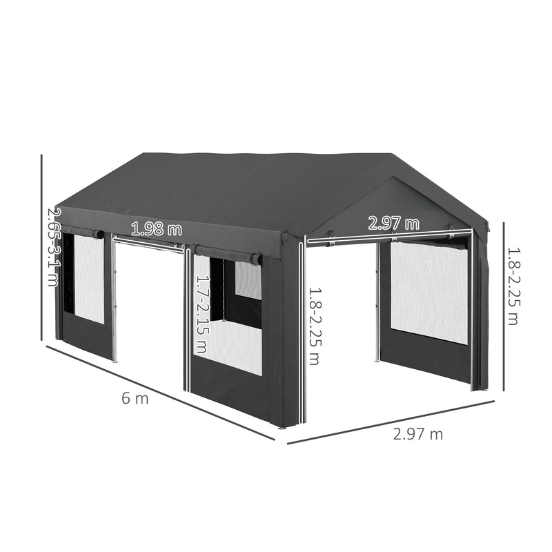 Gazebo per Auto e Feste con Altezza Regolabile 4 Porte e 4 Finestre 6x3m  Grigio Scuro-3