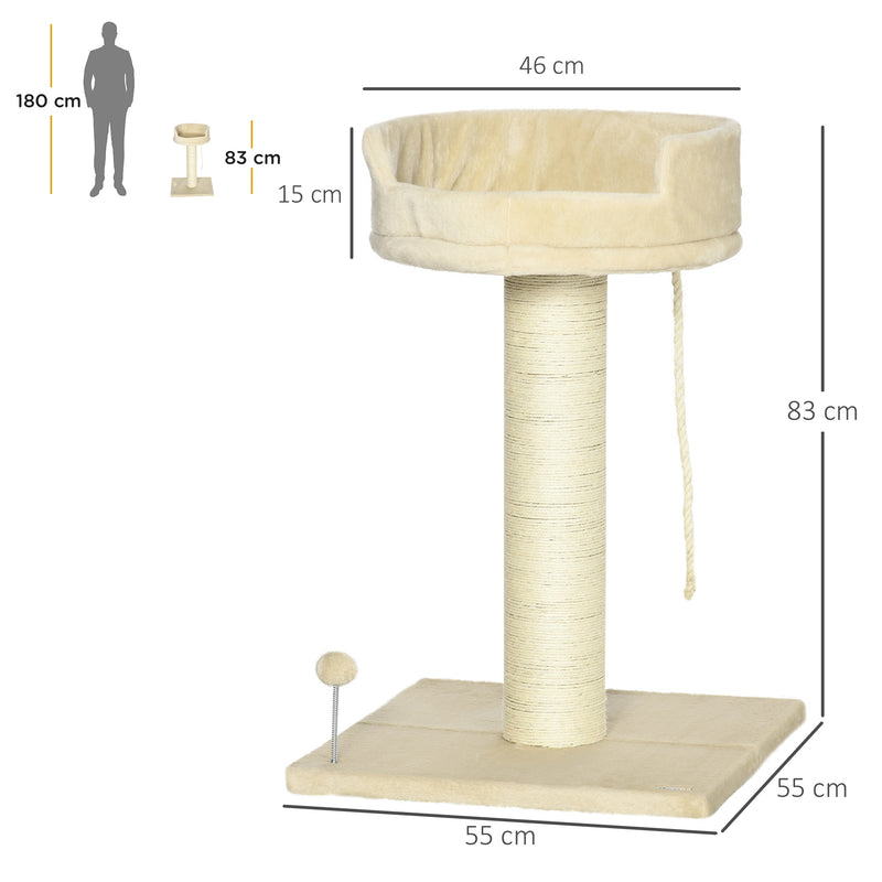 Albero Tiragraffi per Gatti 55x55x83 cm con Lettino e Pallina in Peluche e Sisal Beige-3