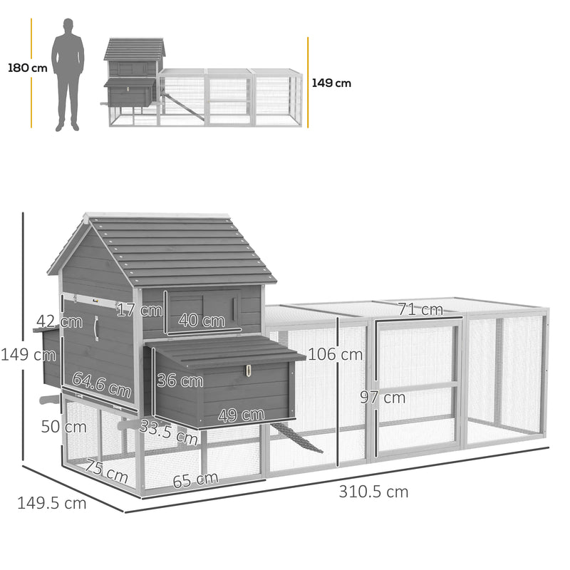 Pollaio da Giardino con Casetta per Galline Rampa e Area Aperta 310,5x149,5x149 cm  Grigio-3