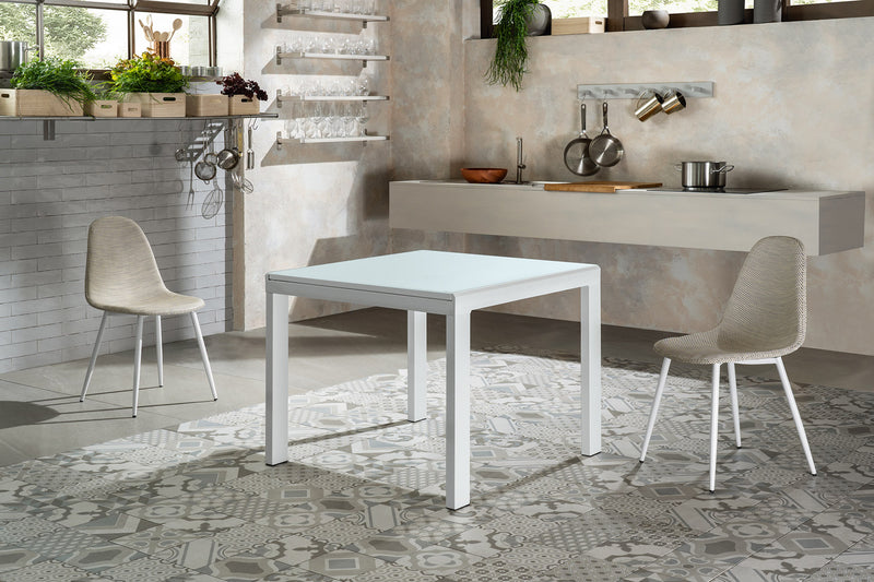 Tavolo Allungabile 90/163,5x90x76 cm in Metallo con Top in Vetro Bianco-2