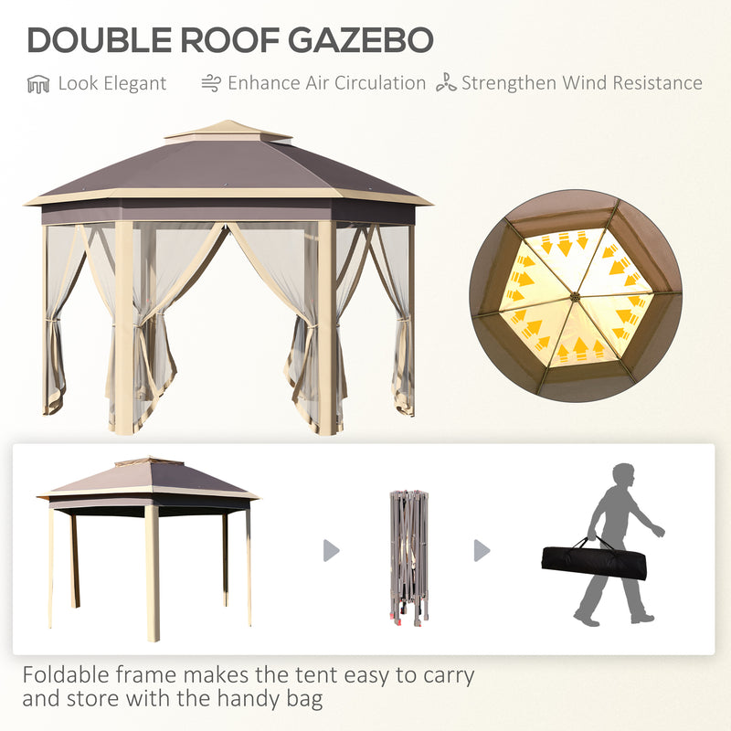 Gazebo Pieghevole da Giardino 4,05x3,4x2,85m con Zanzariera in Metallo e Tessuto Oxford Beige-4