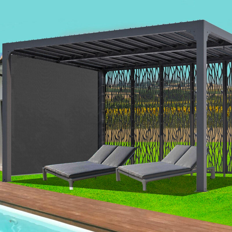 Pergola da Giardino 3,6x3 m in Alluminio con 4 Pannelli Moucharabieh e Tenda Laterale Grigio Antracite-2