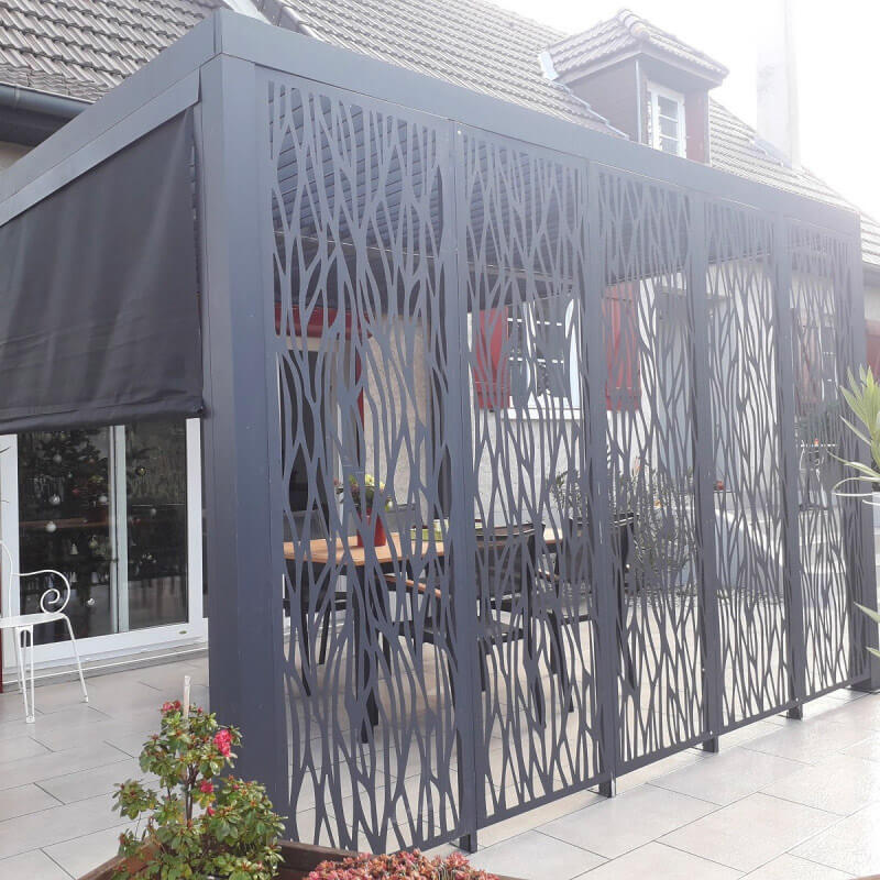 Pergola da Giardino 3,6x3 m in Alluminio con 4 Pannelli Moucharabieh e Tenda Laterale Grigio Antracite-8