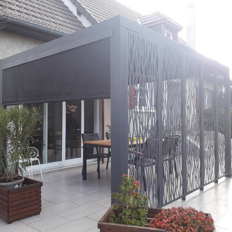 Pergola da Giardino 3,6x3 m in Alluminio con 4 Pannelli Moucharabieh e Tenda Laterale Grigio Antracite-9