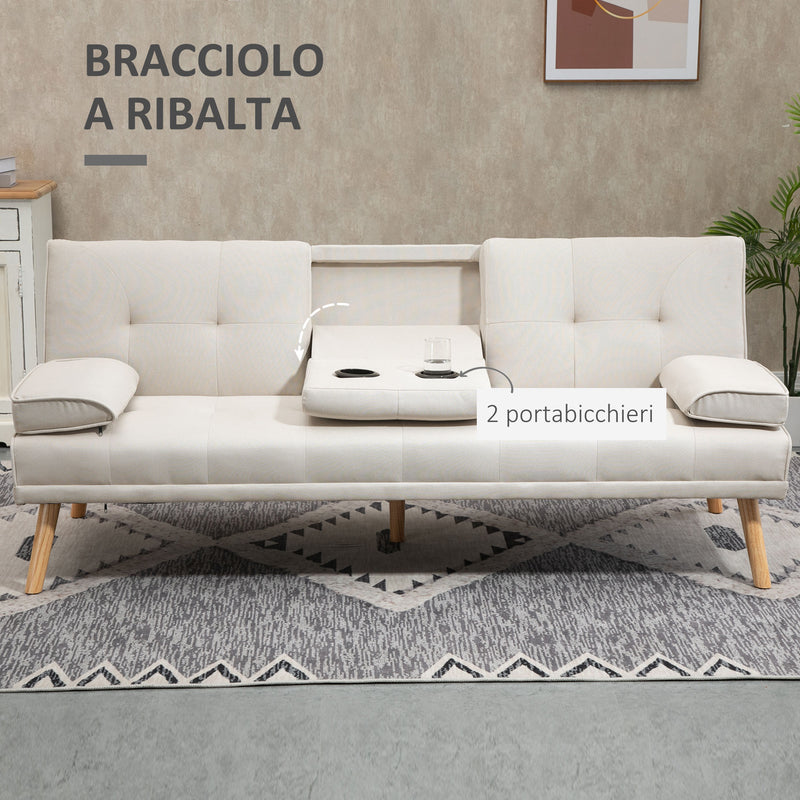 Divano Letto 3 Posti 181x77x78 cm in Tessuto Effetto Lino Beige-7