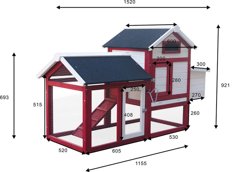 Pollaio da Giardino 152x62x92 cm Per 3 Galline in Legno Rosso e Bianco-5