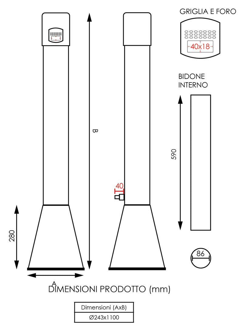 Posacenere a Colonna Ø24,3 cm in Acciaio Cromato 3,5L per Esterno-5