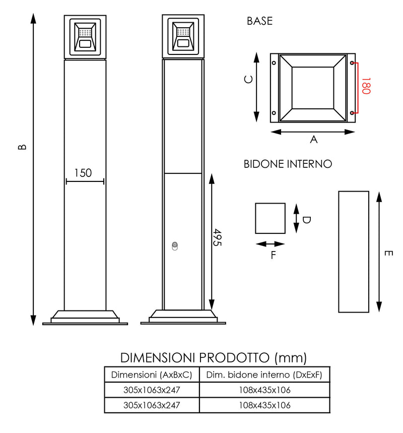 Posacenere a Colonna 30,5x106,3x24,7 cm in Metallo Nero Opaco 3L per Interno Esterno-7