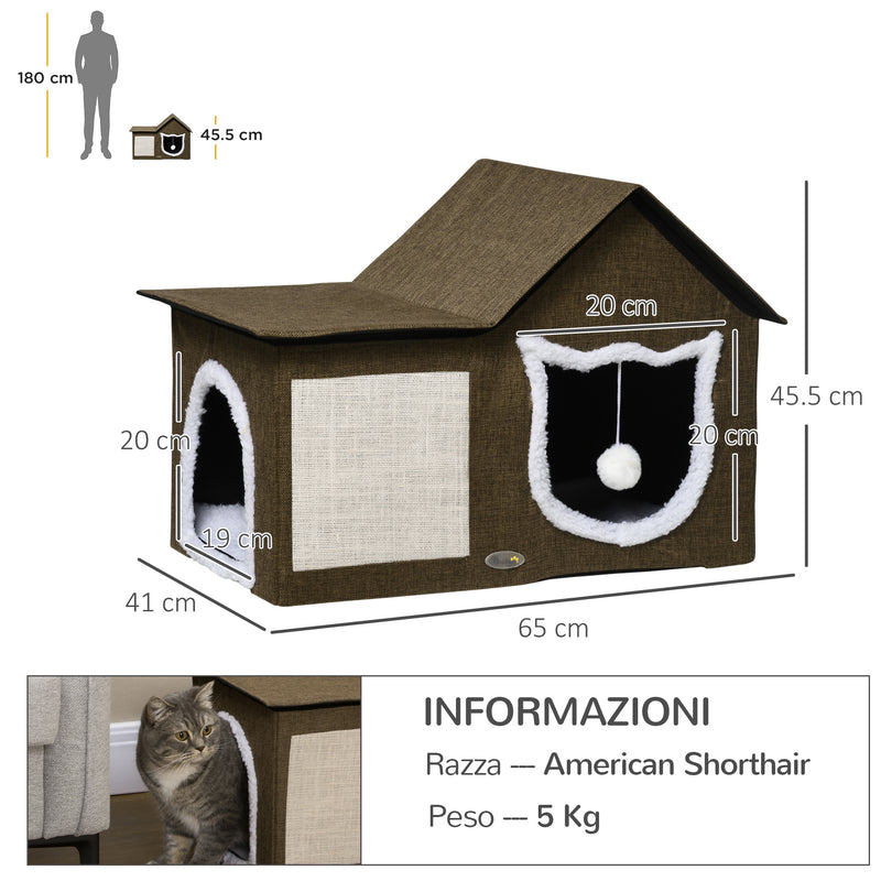 Cuccia Casetta per Gatti 65x41x45,5 cm in MDF Finto Lino e Sisal Marrone-3