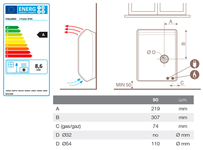 Stufa a Gas Metano 98,5x22,5x58,5 cm Italkero Poster SP 90 Bianco-5