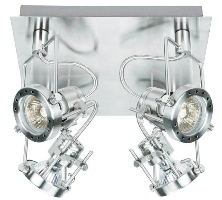 Faretto 4 Luci Spot Base Quadrata Metallo Cromato Led 12 watt GU10 Luce Calda Intec SPOT-TECHNO-PL4-1