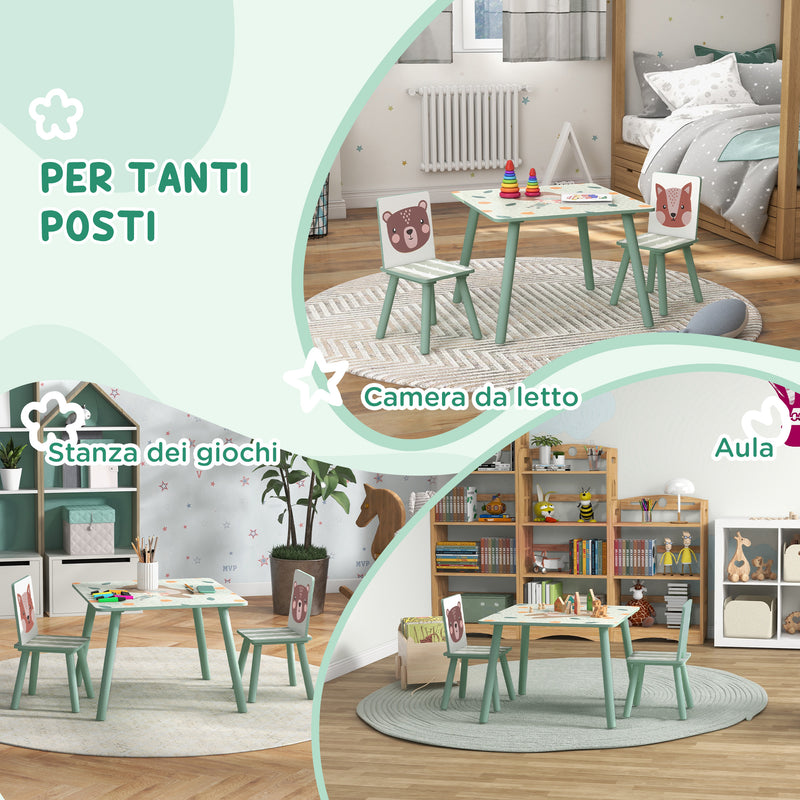 Set Tavolo con 2 Sedie per Bambini in Legno di Pino e MDF Verde-6