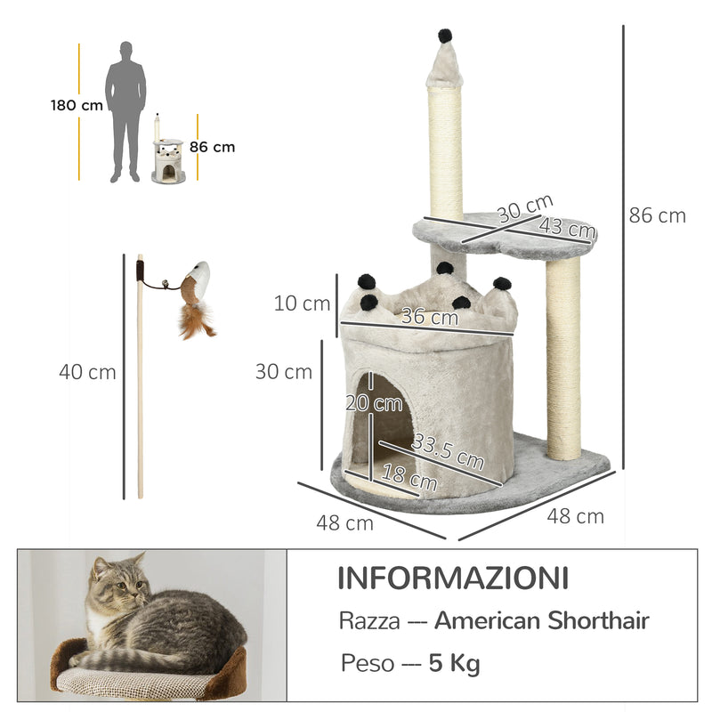 Albero Tiragraffi 48x48x86 cm Rivestimento Peluche con Gioco Grigio-3