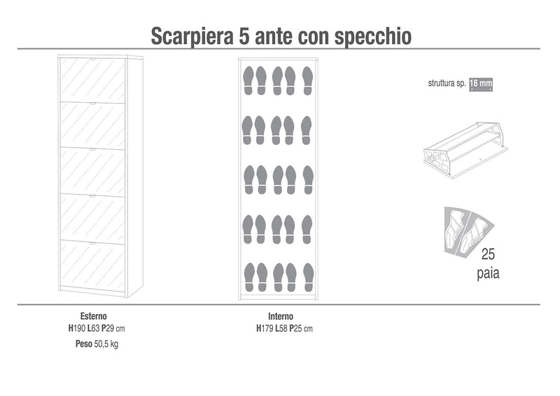 Scarpiera Salvaspazio 5 Ante con Specchio 25 Paia  63x190x29 cm Noce Stelvio-2