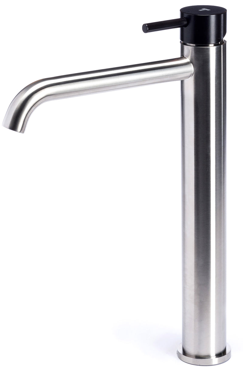 Rubinetto Miscelatore Monocomando Lavabo Alto in Acciaio Inox Satinato Maniglia Carbone-1