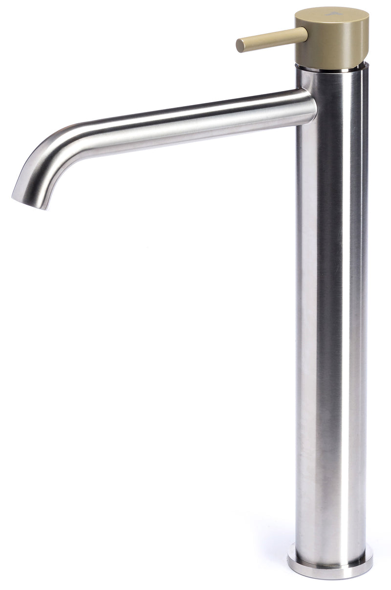 Rubinetto Miscelatore Monocomando Lavabo Alto in Acciaio Inox Satinato Maniglia Ulivo-1