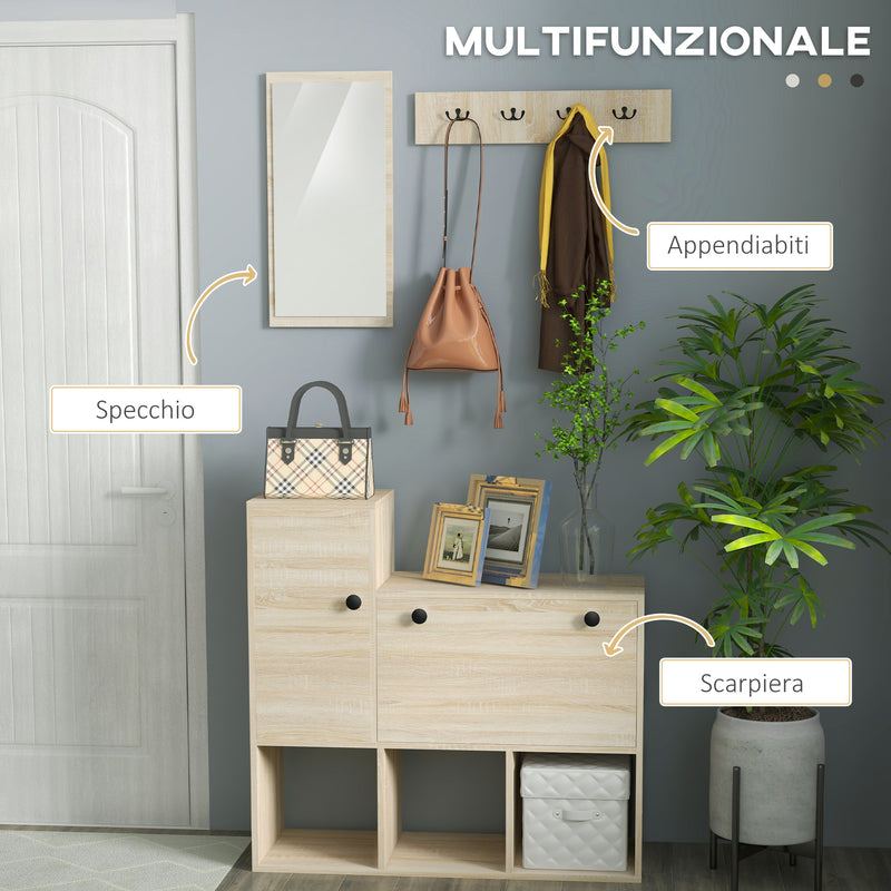 Mobile Ingresso 3 in 1 con Scarpiera Appendiabiti e Specchio Colore Legno Naturale e Nero-4