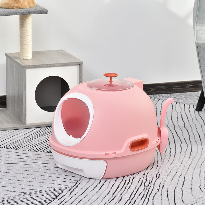 Toilette Chiusa per Gatti 47x55x44 cm con Vassoio Estraibile e Paletta Rosa-2